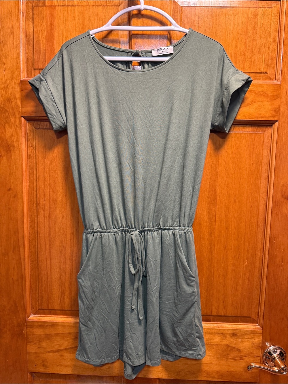 Zenana Outfitters Sage Green Short Sleeve Drawstring Romper